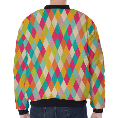 Retro Harlequin Pattern Print Zip Sleeve Bomber Jacket