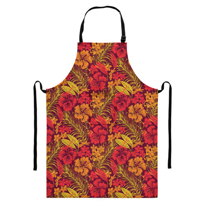 Retro Hawaiian Tropical Floral Print Bib Apron With Pocket
