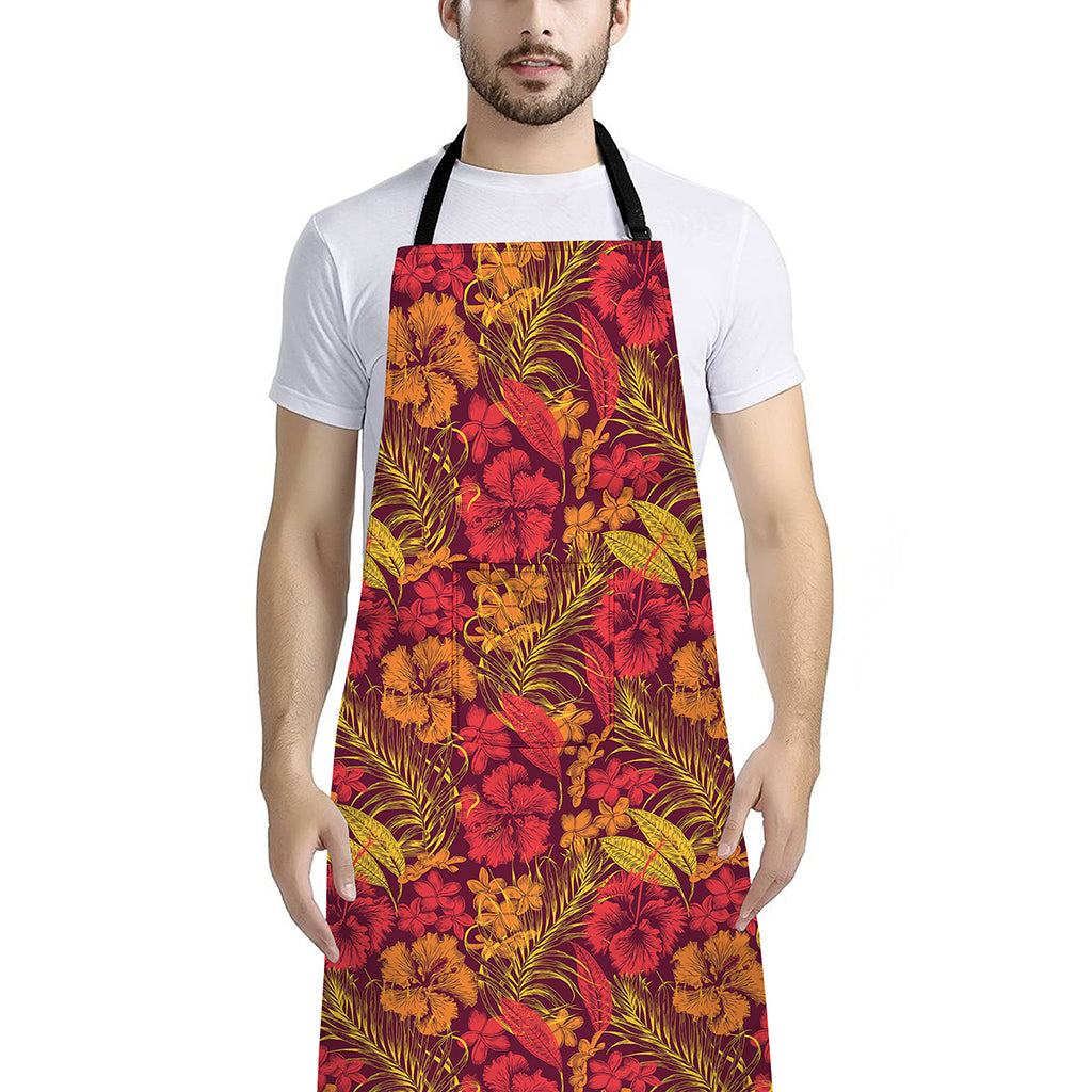 Retro Hawaiian Tropical Floral Print Bib Apron With Pocket