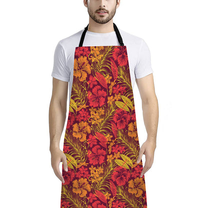 Retro Hawaiian Tropical Floral Print Bib Apron With Pocket