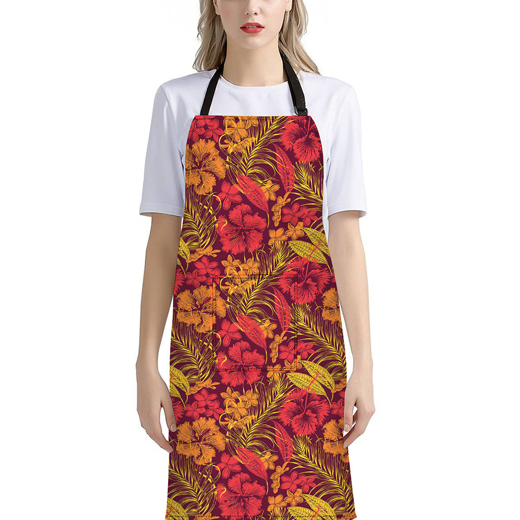 Retro Hawaiian Tropical Floral Print Bib Apron With Pocket