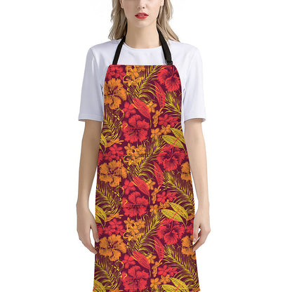 Retro Hawaiian Tropical Floral Print Bib Apron With Pocket
