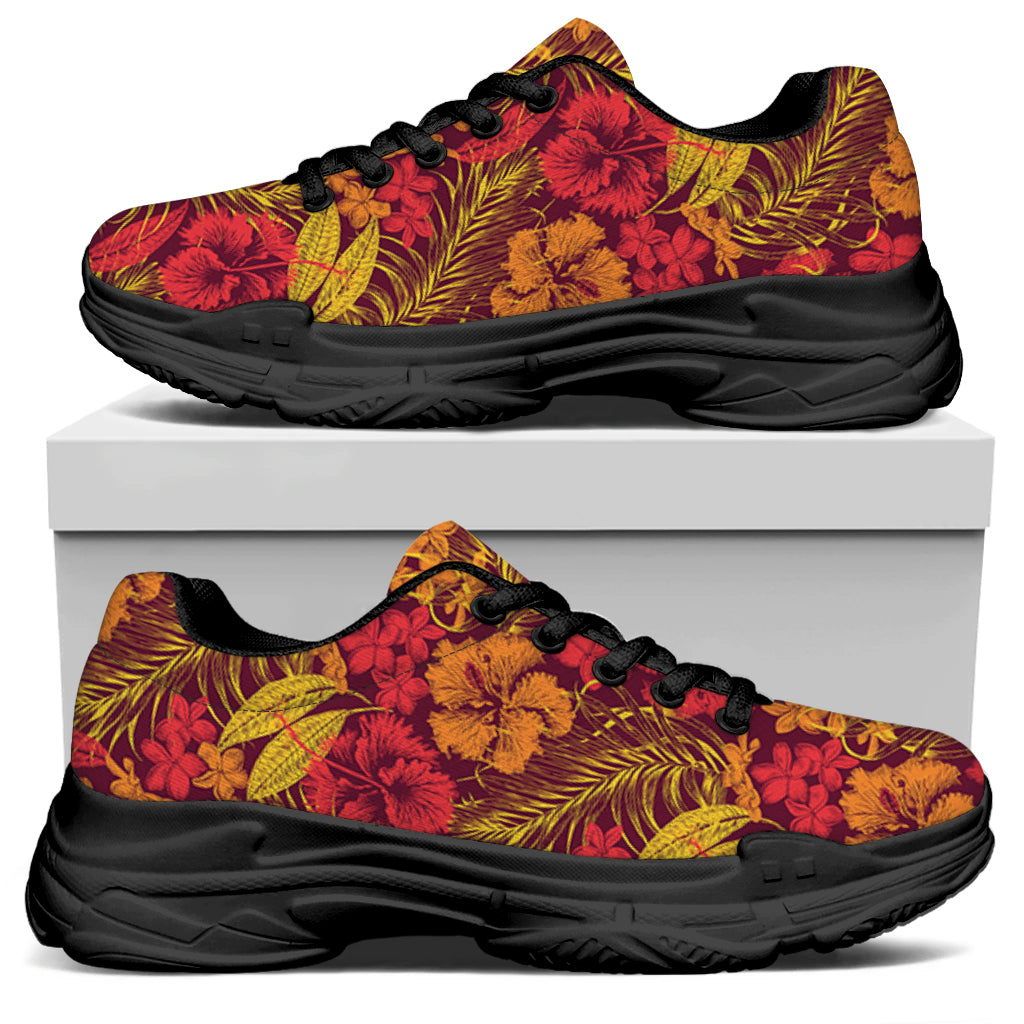 Retro Hawaiian Tropical Floral Print Black Chunky Shoes
