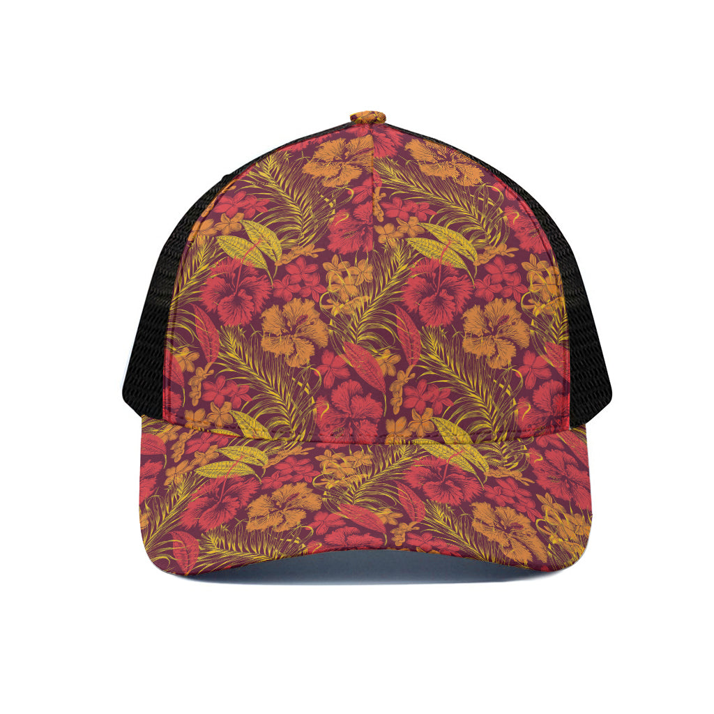 Retro Hawaiian Tropical Floral Print Black Mesh Trucker Cap