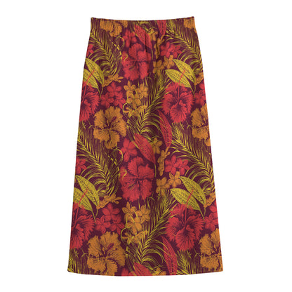Retro Hawaiian Tropical Floral Print Cotton Front Slit Maxi Skirt