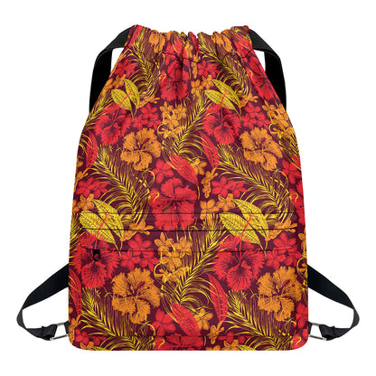 Retro Hawaiian Tropical Floral Print Drawstring Backpack