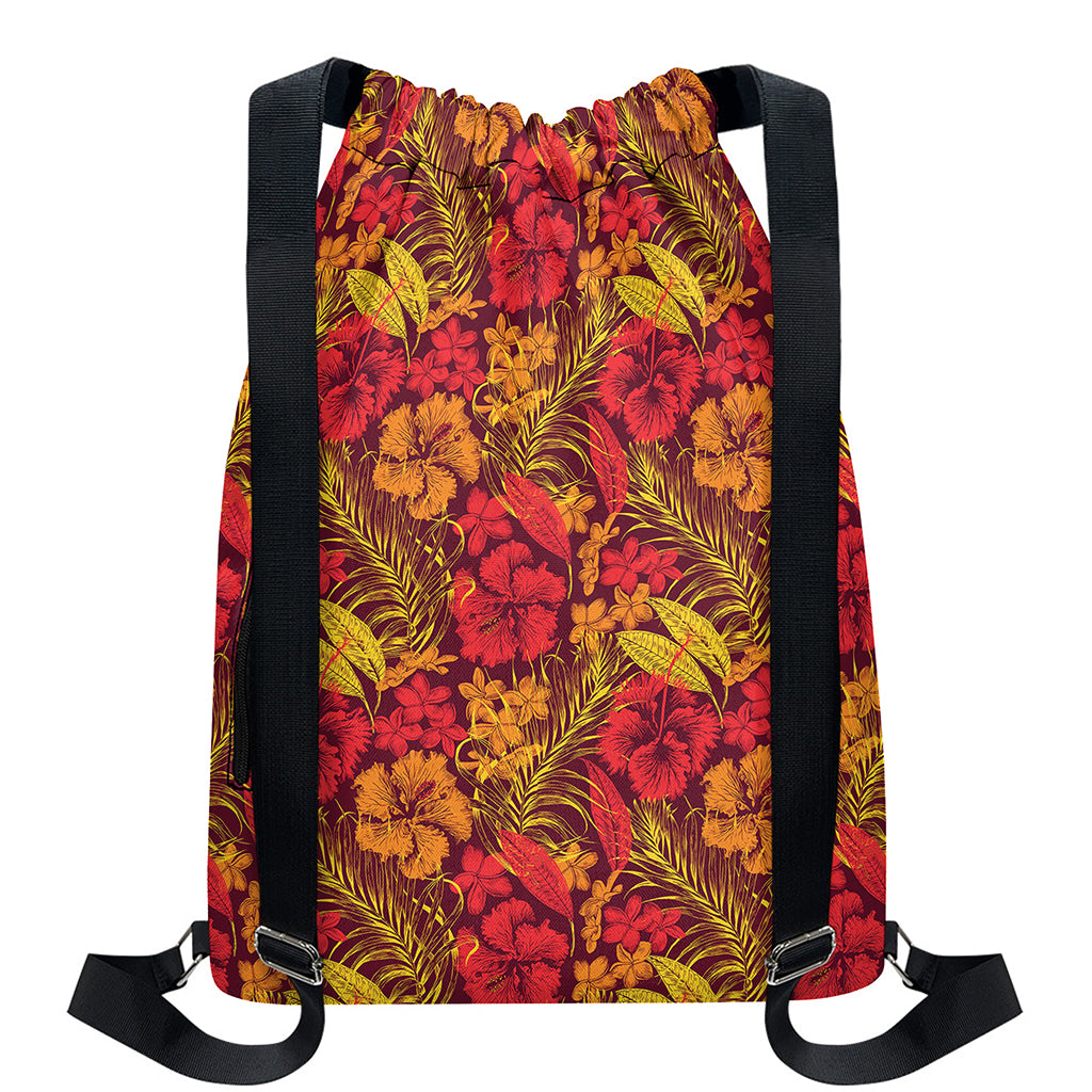 Retro Hawaiian Tropical Floral Print Drawstring Backpack