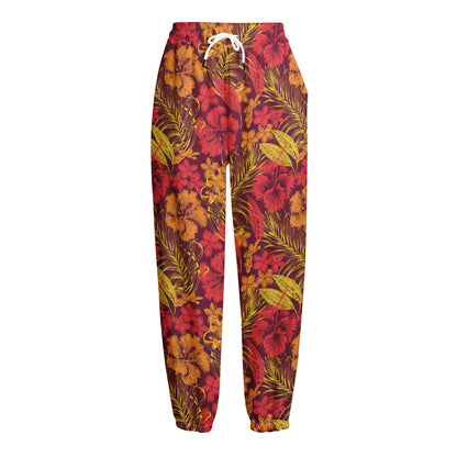Retro Hawaiian Tropical Floral Print Fleece Lined Knit Pants