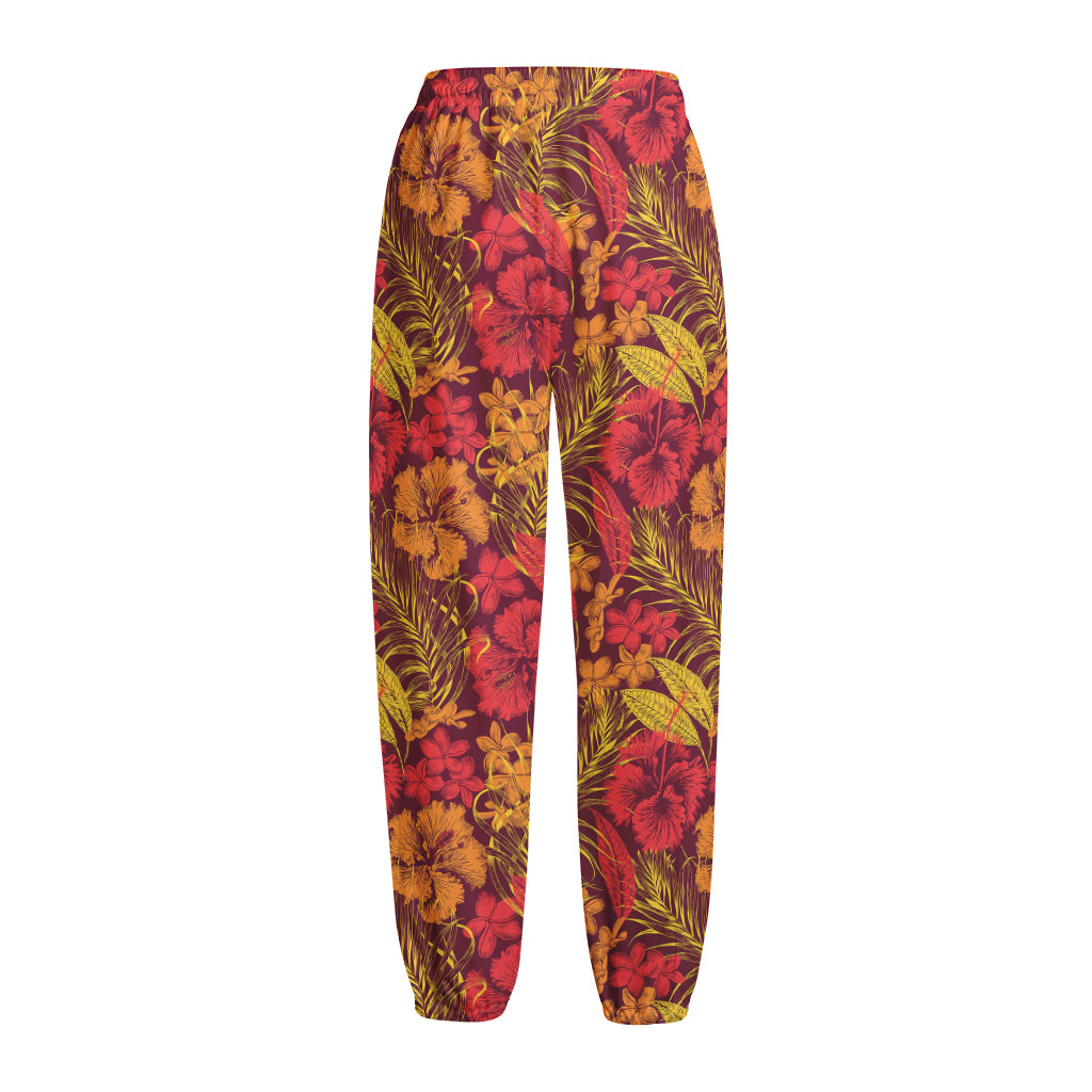 Retro Hawaiian Tropical Floral Print Fleece Lined Knit Pants