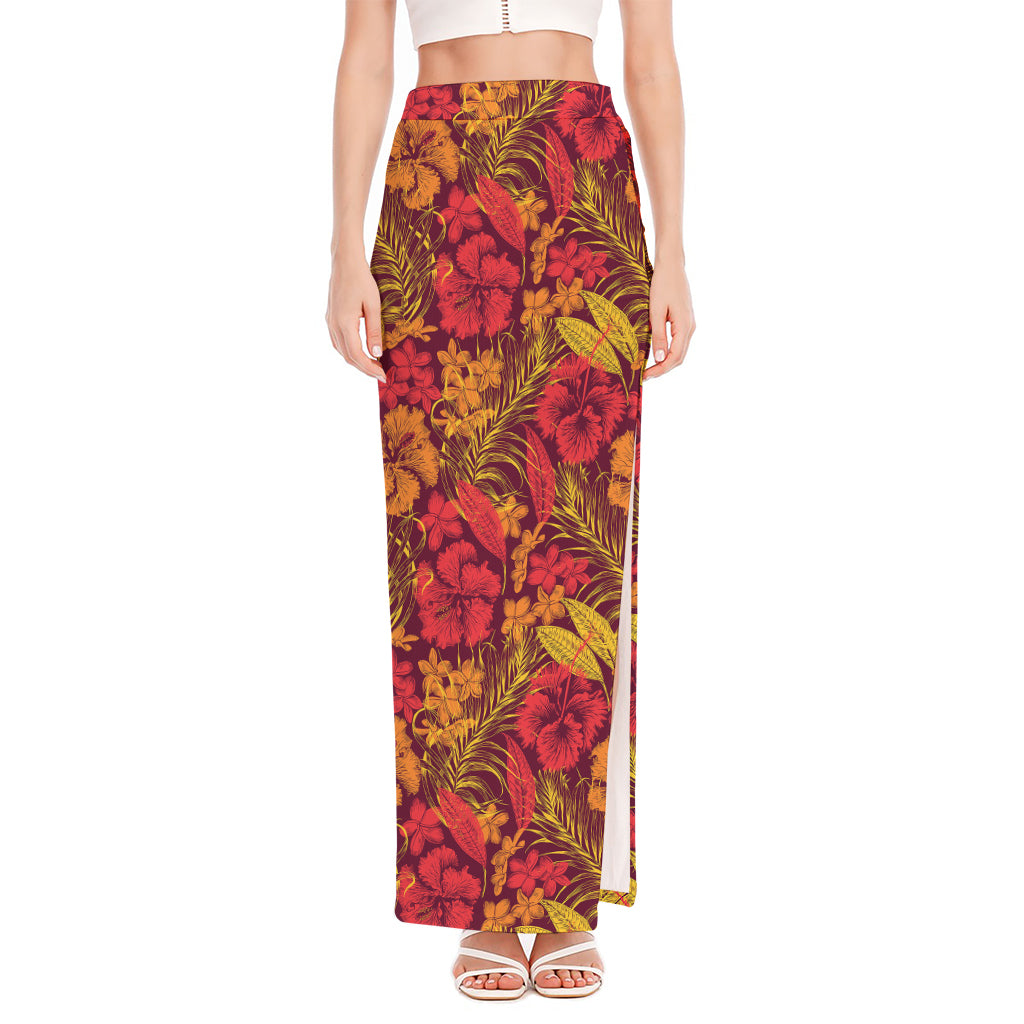 Retro Hawaiian Tropical Floral Print High Slit Maxi Skirt