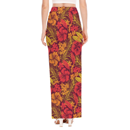 Retro Hawaiian Tropical Floral Print High Slit Maxi Skirt