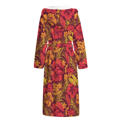 Retro Hawaiian Tropical Floral Print Hooded Bathrobe