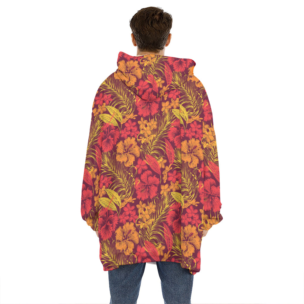 Retro Hawaiian Tropical Floral Print Hoodie Blanket