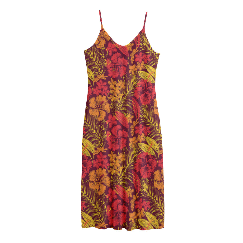 Retro Hawaiian Tropical Floral Print Jersey Midi Cami Dress