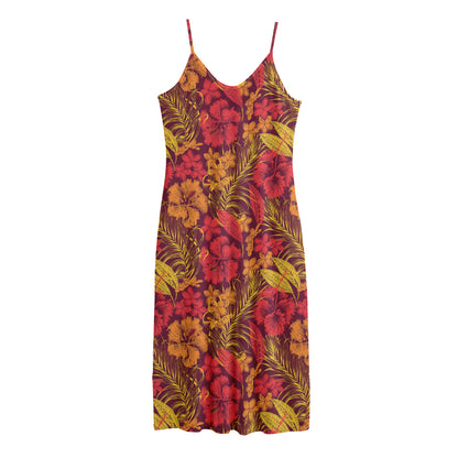 Retro Hawaiian Tropical Floral Print Jersey Midi Cami Dress