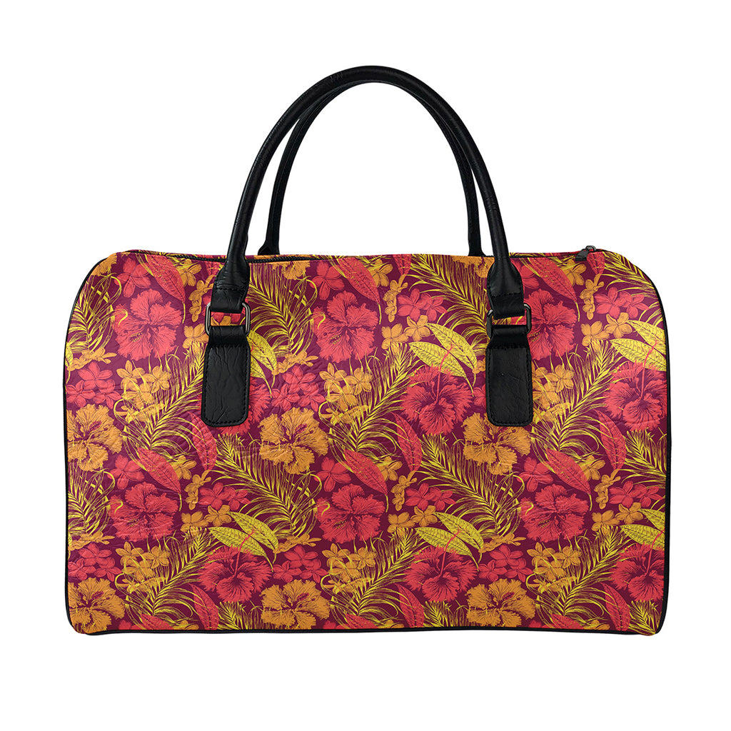 Retro Hawaiian Tropical Floral Print Leather Duffle Bag