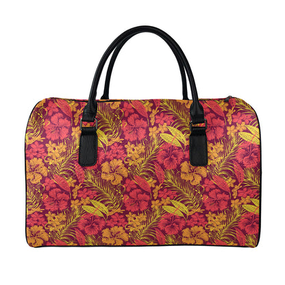 Retro Hawaiian Tropical Floral Print Leather Duffle Bag