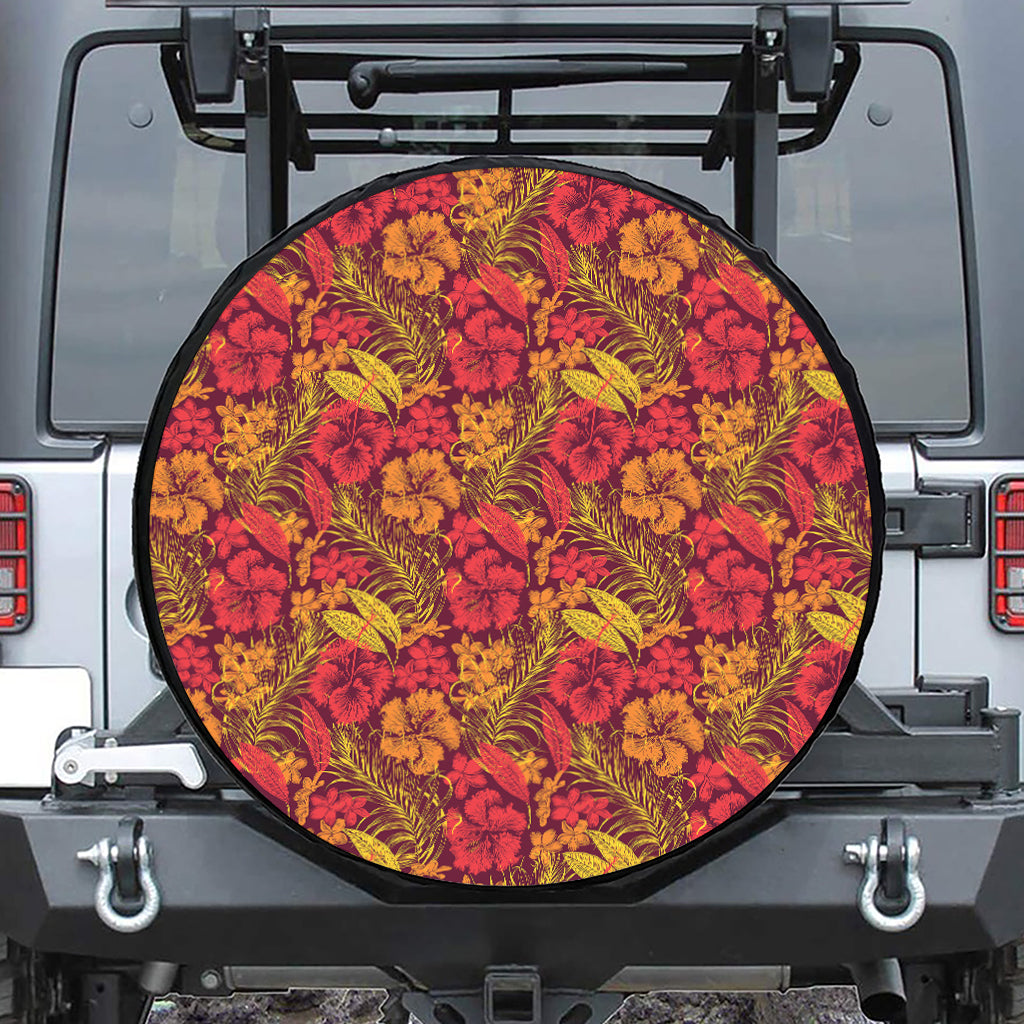 Retro Hawaiian Tropical Floral Print Leather Spare Tire Cover