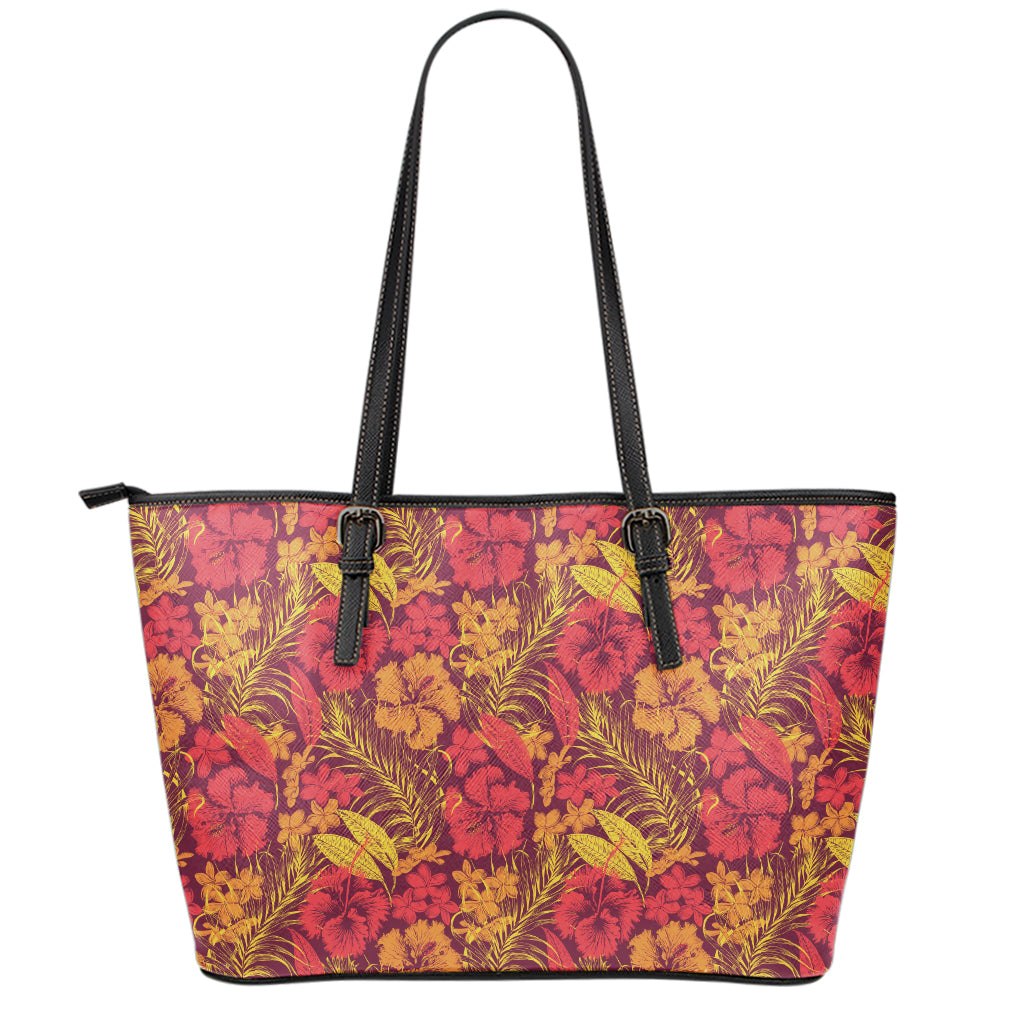 Retro Hawaiian Tropical Floral Print Leather Tote Bag