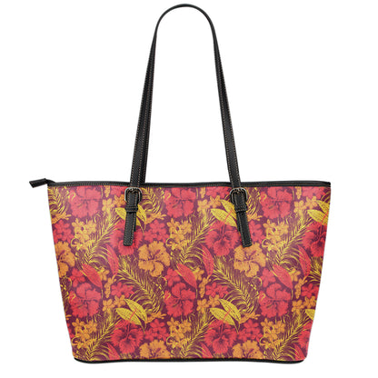 Retro Hawaiian Tropical Floral Print Leather Tote Bag