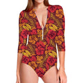 Retro Hawaiian Tropical Floral Print Long Sleeve Swimsuit