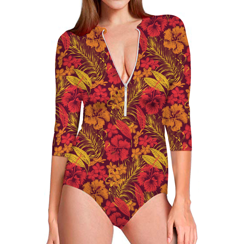 Retro Hawaiian Tropical Floral Print Long Sleeve Swimsuit