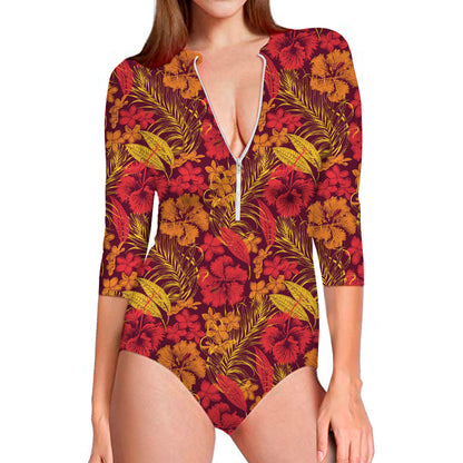 Retro Hawaiian Tropical Floral Print Long Sleeve Swimsuit