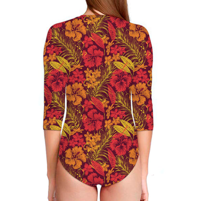 Retro Hawaiian Tropical Floral Print Long Sleeve Swimsuit