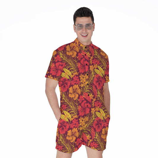 Retro Hawaiian Tropical Floral Print Men's Rompers