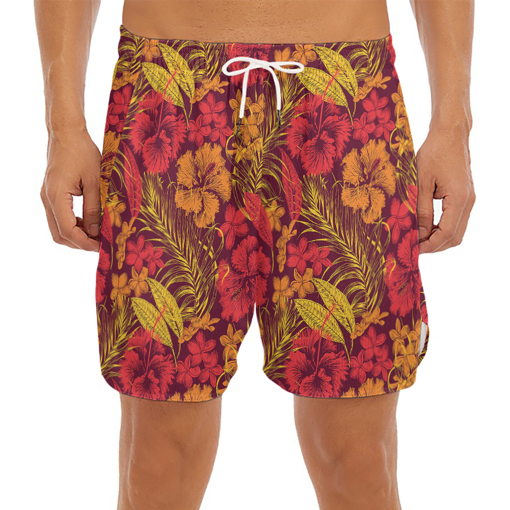Retro Hawaiian Tropical Floral Print Men's Split Running Shorts