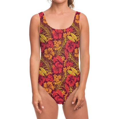 Retro Hawaiian Tropical Floral Print One Piece Swimsuit