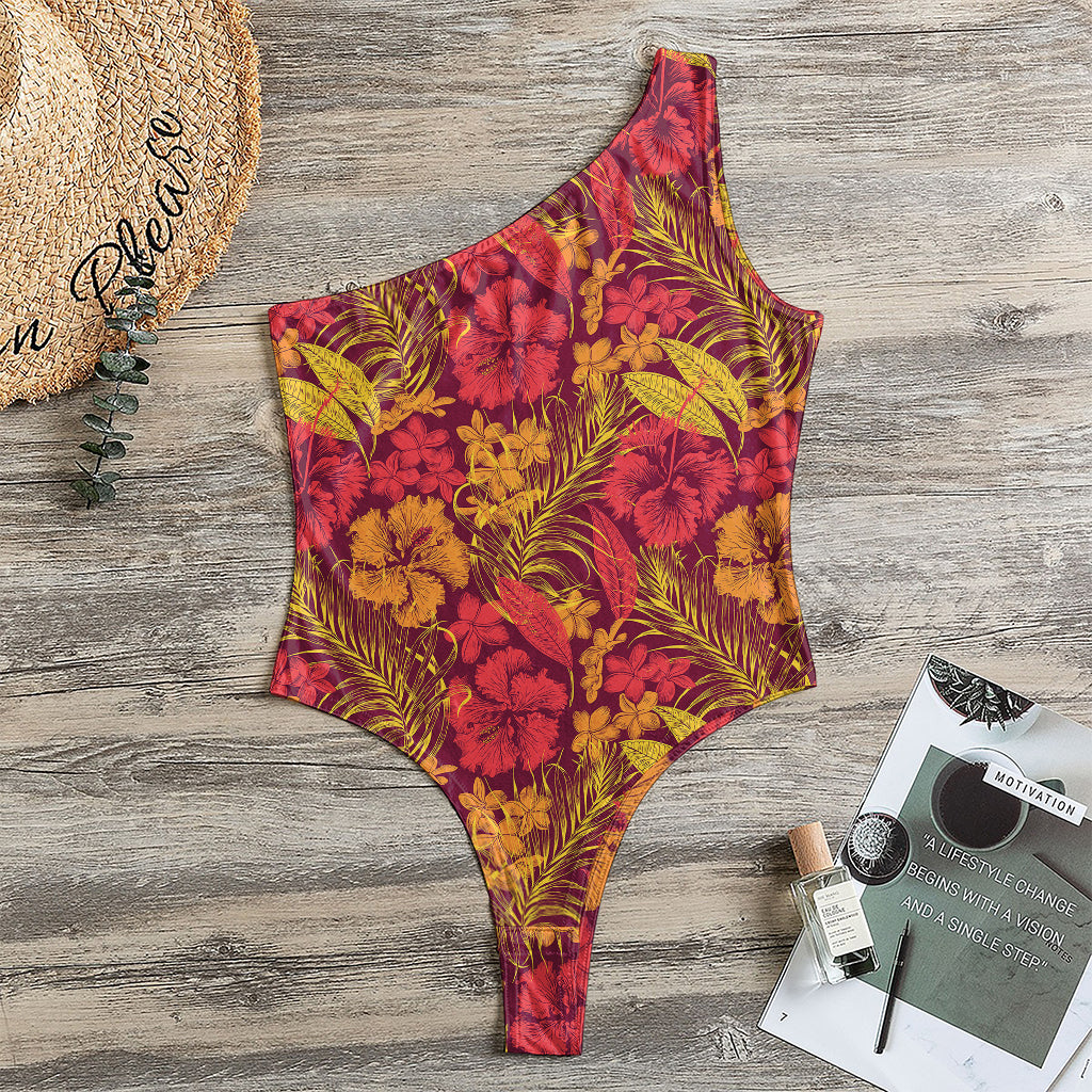 Retro Hawaiian Tropical Floral Print One Shoulder Bodysuit