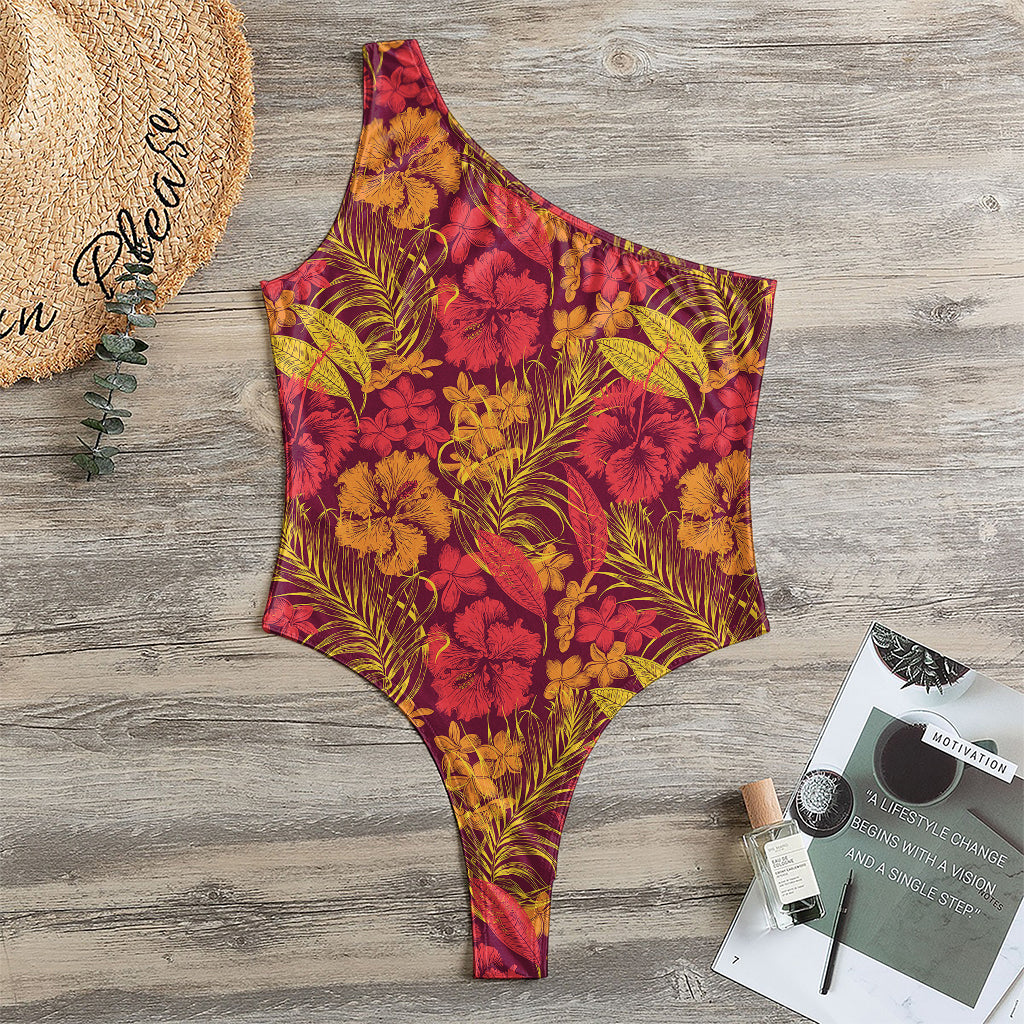 Retro Hawaiian Tropical Floral Print One Shoulder Bodysuit