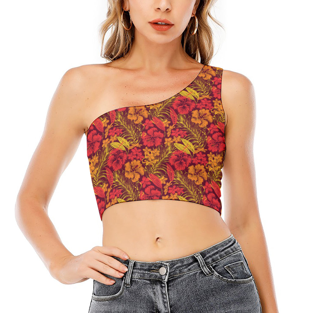 Retro Hawaiian Tropical Floral Print One Shoulder Crop Top