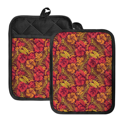 Retro Hawaiian Tropical Floral Print Pot Holders With Pocket
