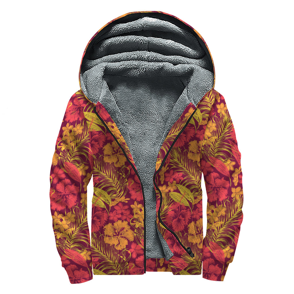 Retro Hawaiian Tropical Floral Print Sherpa Lined Zip Up Hoodie