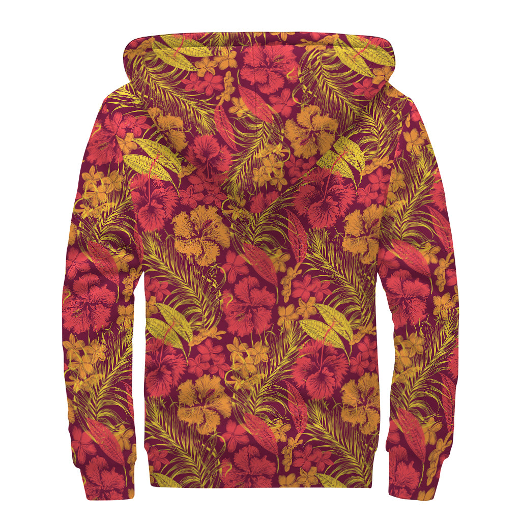 Retro Hawaiian Tropical Floral Print Sherpa Lined Zip Up Hoodie