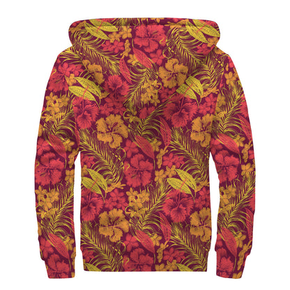 Retro Hawaiian Tropical Floral Print Sherpa Lined Zip Up Hoodie