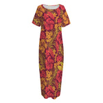 Retro Hawaiian Tropical Floral Print Short Sleeve Long Nightdress