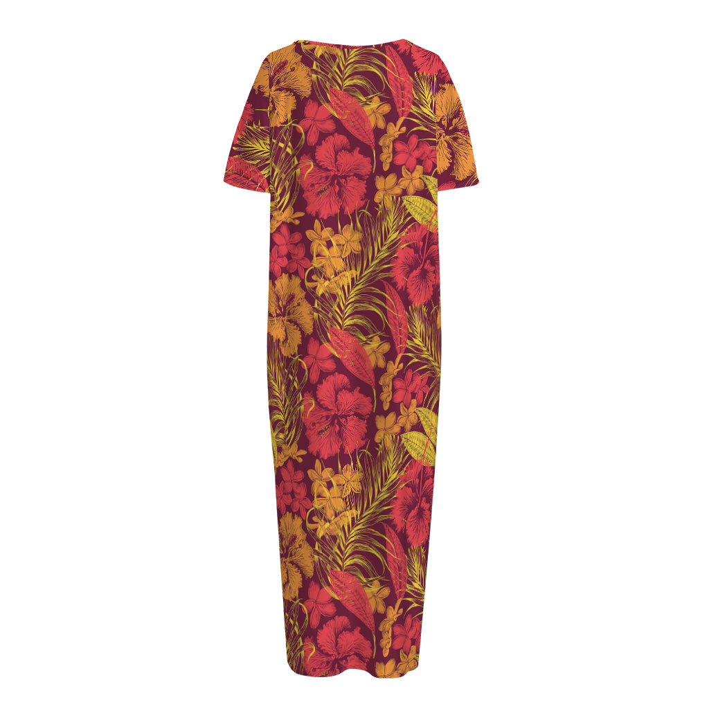 Retro Hawaiian Tropical Floral Print Short Sleeve Long Nightdress