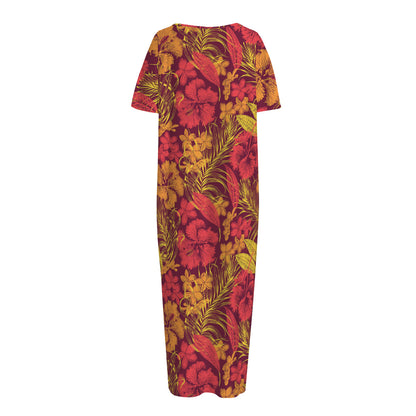 Retro Hawaiian Tropical Floral Print Short Sleeve Long Nightdress