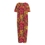 Retro Hawaiian Tropical Floral Print Short Sleeve Long Nightdress