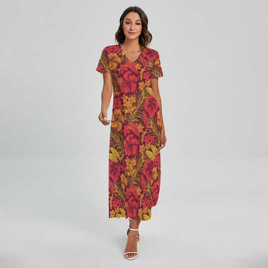 Retro Hawaiian Tropical Floral Print Short Sleeve Maxi Dress