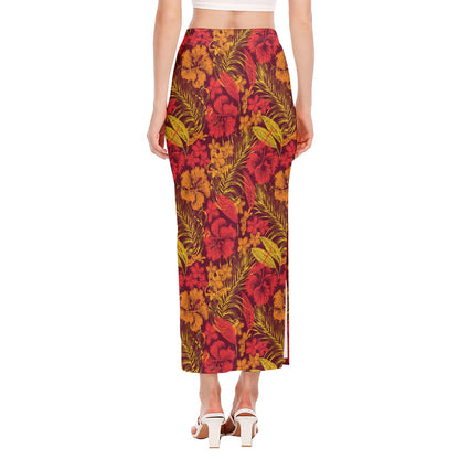 Retro Hawaiian Tropical Floral Print Side Slit Maxi Skirt