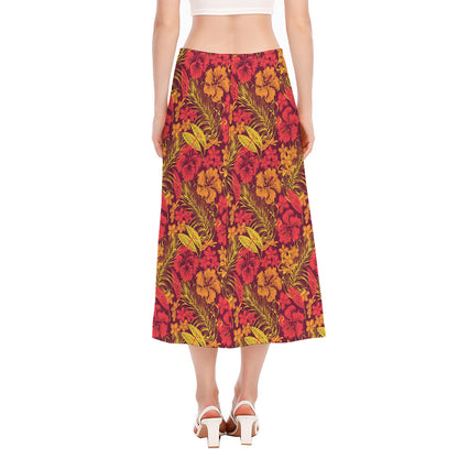 Retro Hawaiian Tropical Floral Print Side Slit Midi Skirt