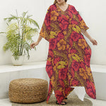 Retro Hawaiian Tropical Floral Print Silk V-Neck Kaftan Dress