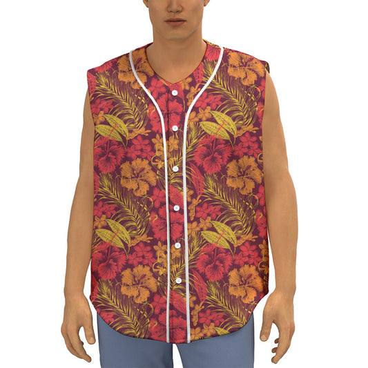 Retro Hawaiian Tropical Floral Print Sleeveless Baseball Jersey