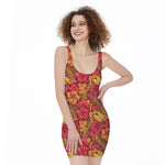Retro Hawaiian Tropical Floral Print Sleeveless Bodycon Dress