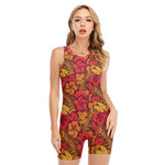 Retro Hawaiian Tropical Floral Print Sleeveless One Piece Swimsuit