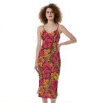 Retro Hawaiian Tropical Floral Print Slim Fit Midi Cami Dress